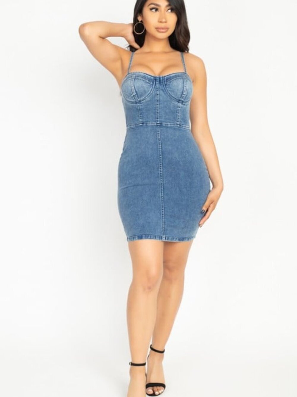 Dark Wash Sleeveless Denim Bodycon Mini Dress Sweetheart Neckline